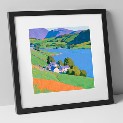 Vibrant Lakeside Village Scene lake district village art print in black frame