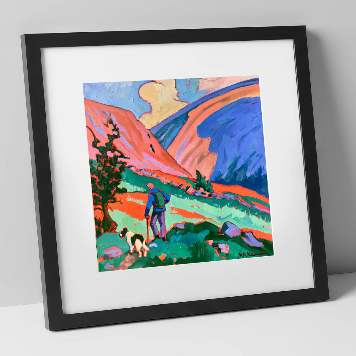 Vibrant Dog Walk on Threlkeld gifts for dog walkers art print in black frame