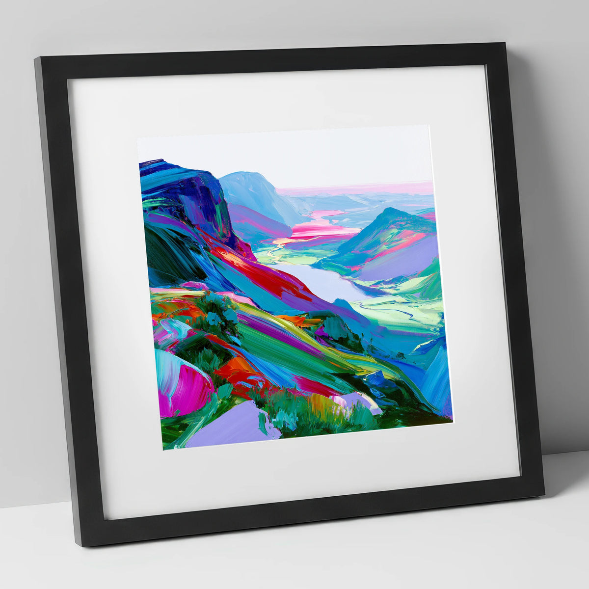 Vibrant Summit Valley View lake district fell art print in black frame