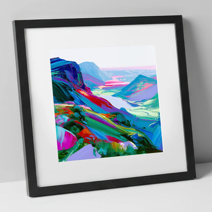 Vibrant Summit Valley View lake district fell art print in black frame