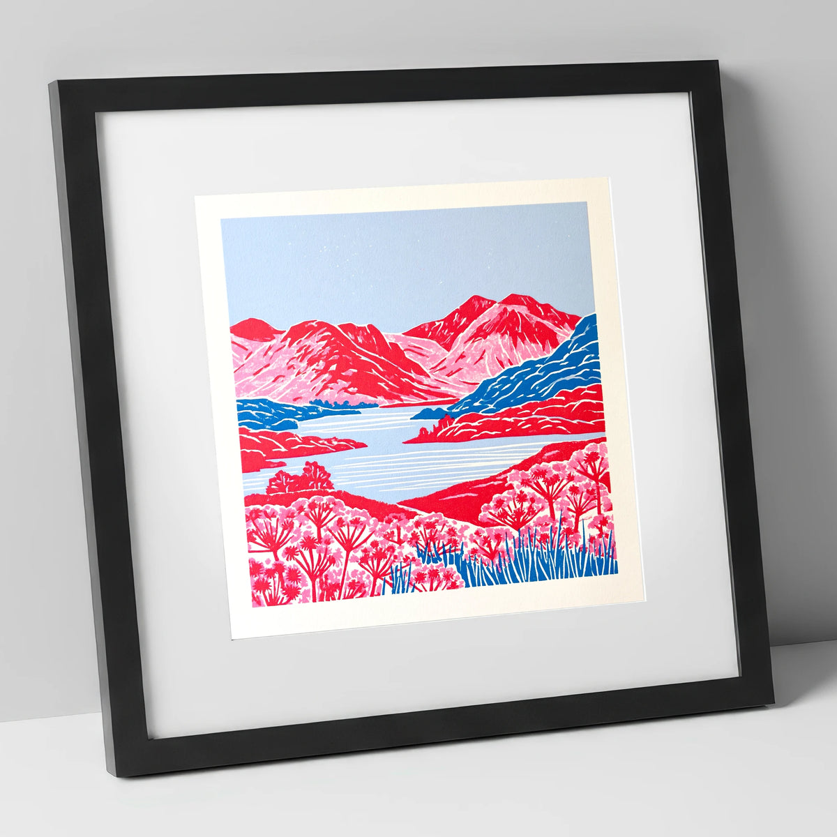 Vivid Red Fells and Lake lake district lake art print in black frame