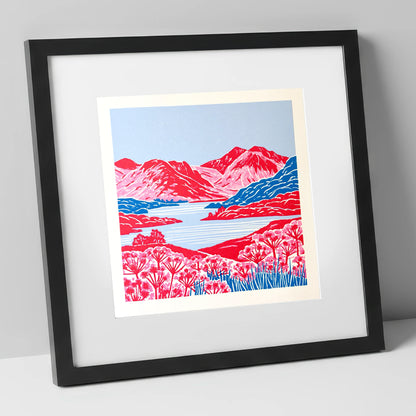 Vivid Red Fells and Lake lake district lake art print in black frame