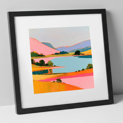 Pink Fells Over Teal Lake lake district lake art print in black frame