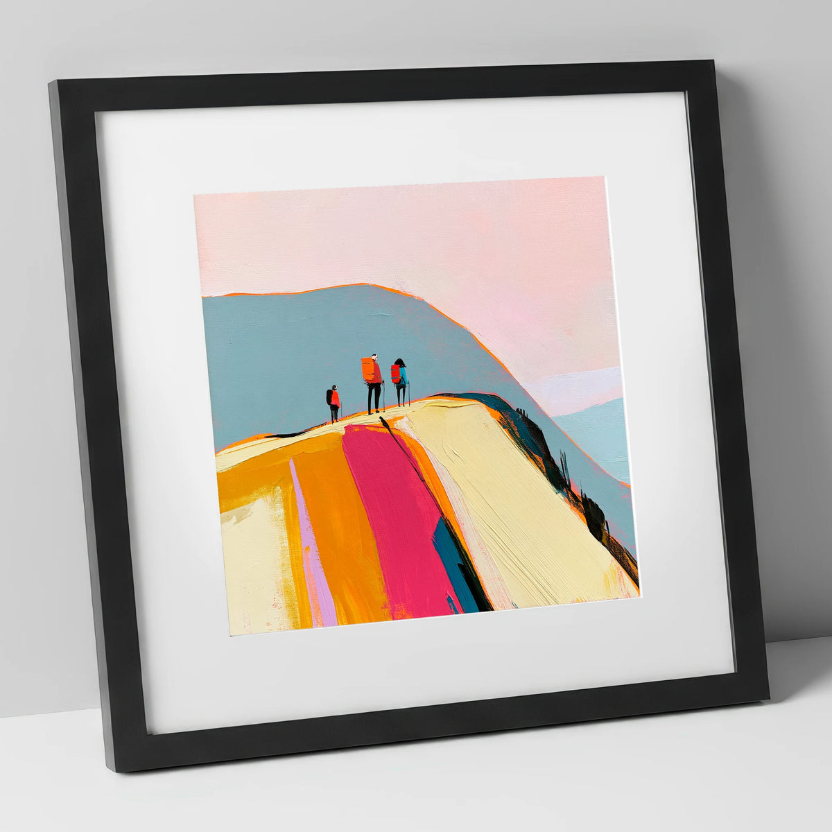 Vibrant Fell Top With Hikers lake district fell art print in black frame