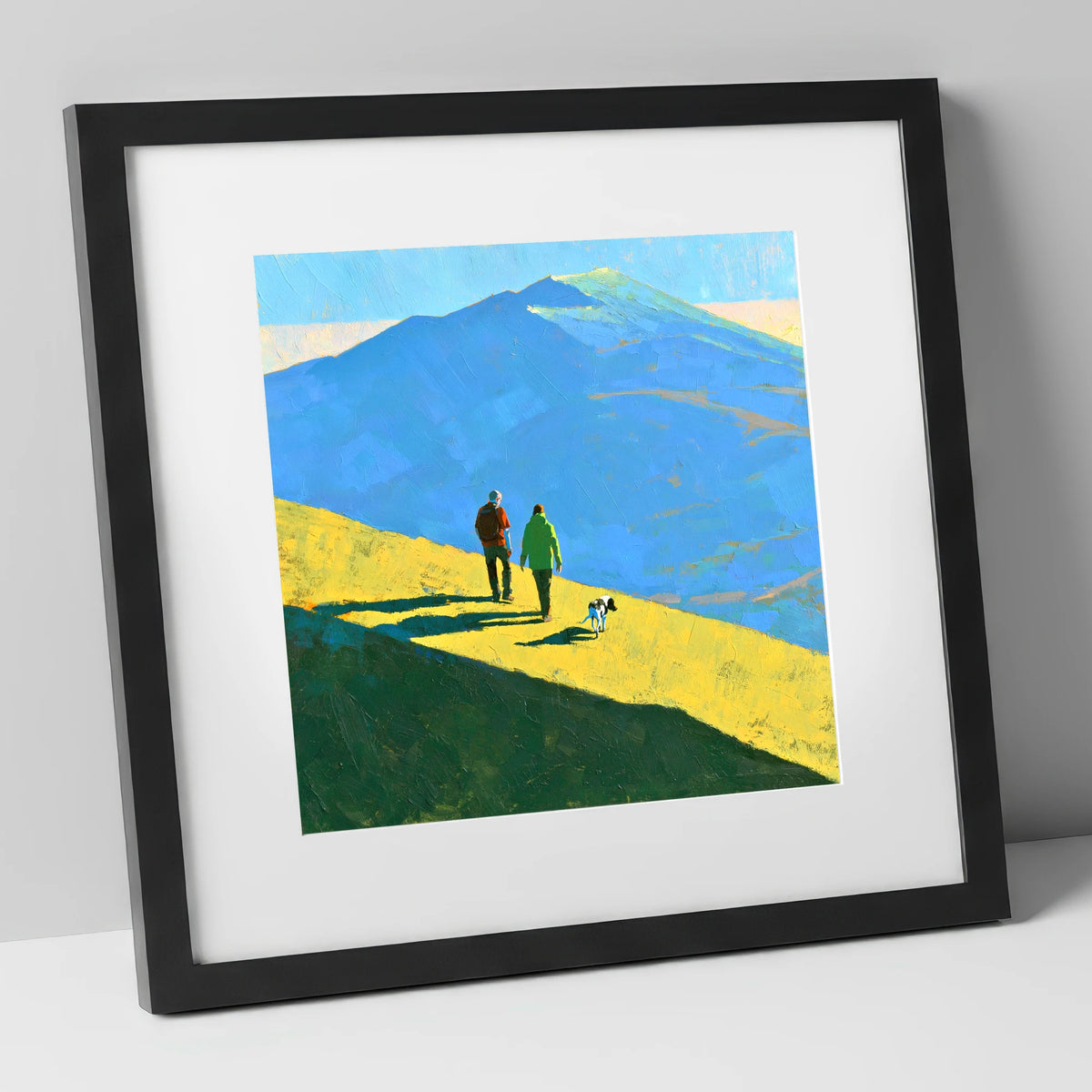 Sunlit Dog Walk on Skiddaw gifts for dog walkers art print in black frame