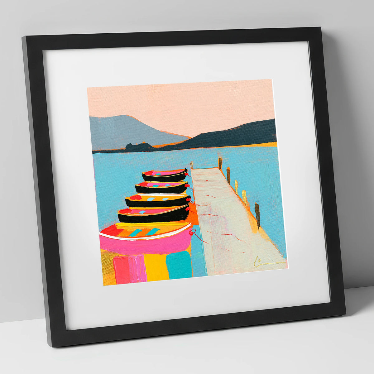 Vibrant Moored Boats on Windermere lake district lake art print in black frame