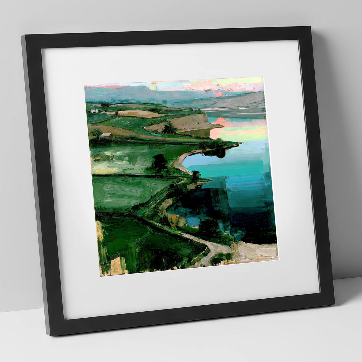 Pink Sky Over Turquoise Lake lake district lake art print in black frame