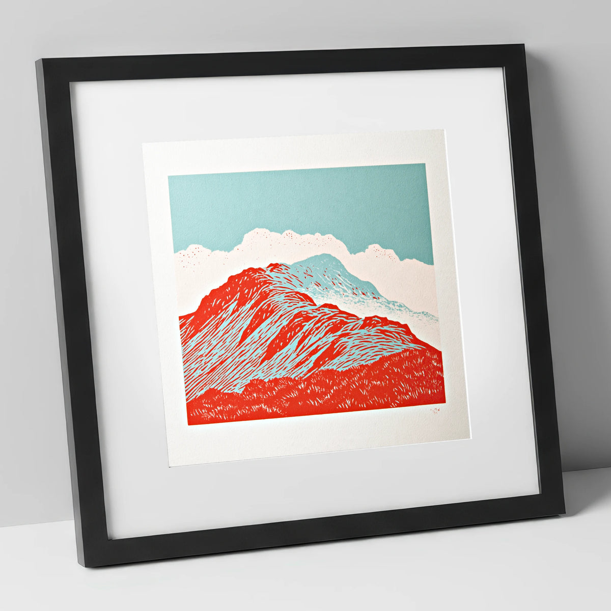 Graphic Red Fell Ridge lake district fell art print in black frame