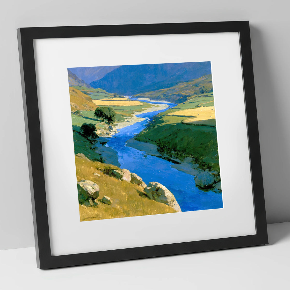 Winding Blue River Valley lake district waterfall art print in black frame