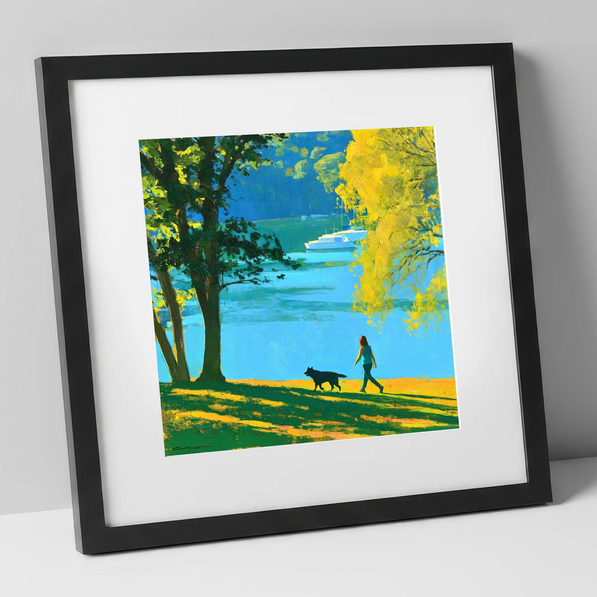 Vibrant Dog Walk at Windermere gifts for dog walkers art print in black frame