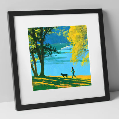 Vibrant Dog Walk at Windermere gifts for dog walkers art print in black frame