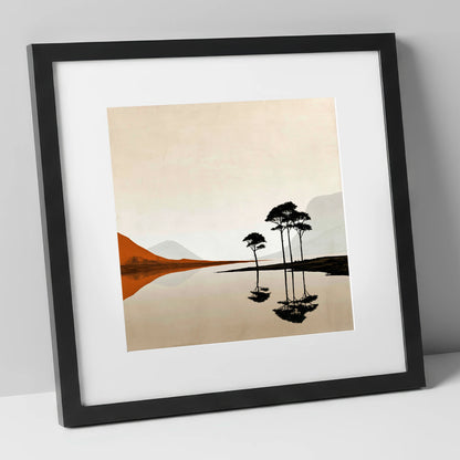 Dawn Lake with Silhouetted Pines lake district lake art print in black frame