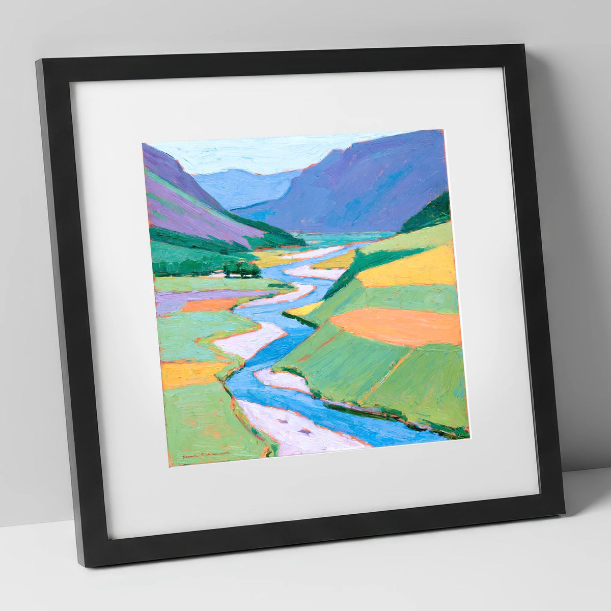 Vibrant Winding River Valley lake district waterfall art print in black frame