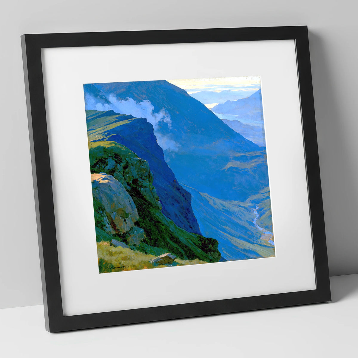 Misty Ridge Above Blue Valley lake district fell art print in black frame