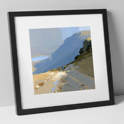 Fell Walkers on a High Path lake district walking art print in black frame