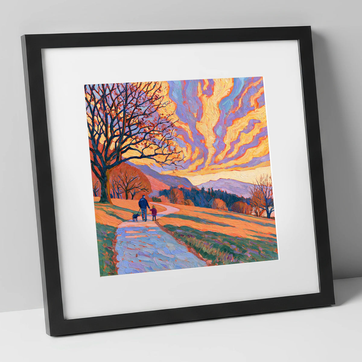 Fiery Sky Dog Walk Keswick gifts for dog walkers art print in black frame