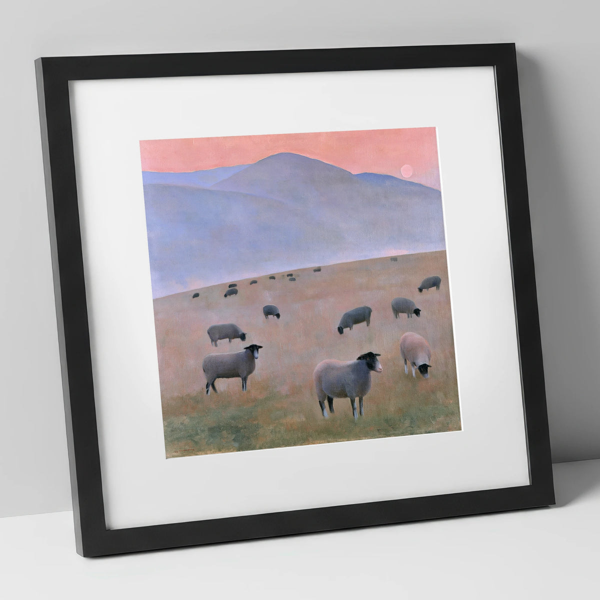 Herdwick Sheep on Pastel Fells lake district wildlife art print in black frame