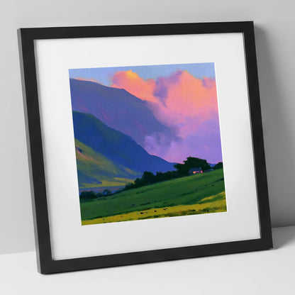 Rolling Fells Under Magenta Clouds lake district fell art print in black frame