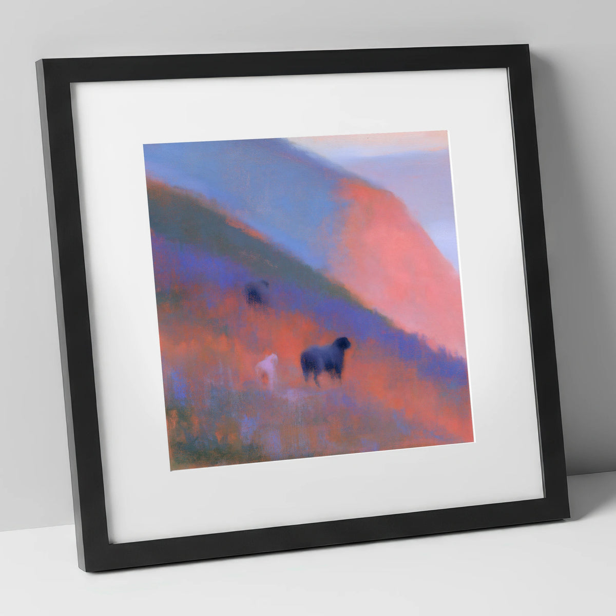 Herdwicks on a Twilight Fellside lake district wildlife art print in black frame