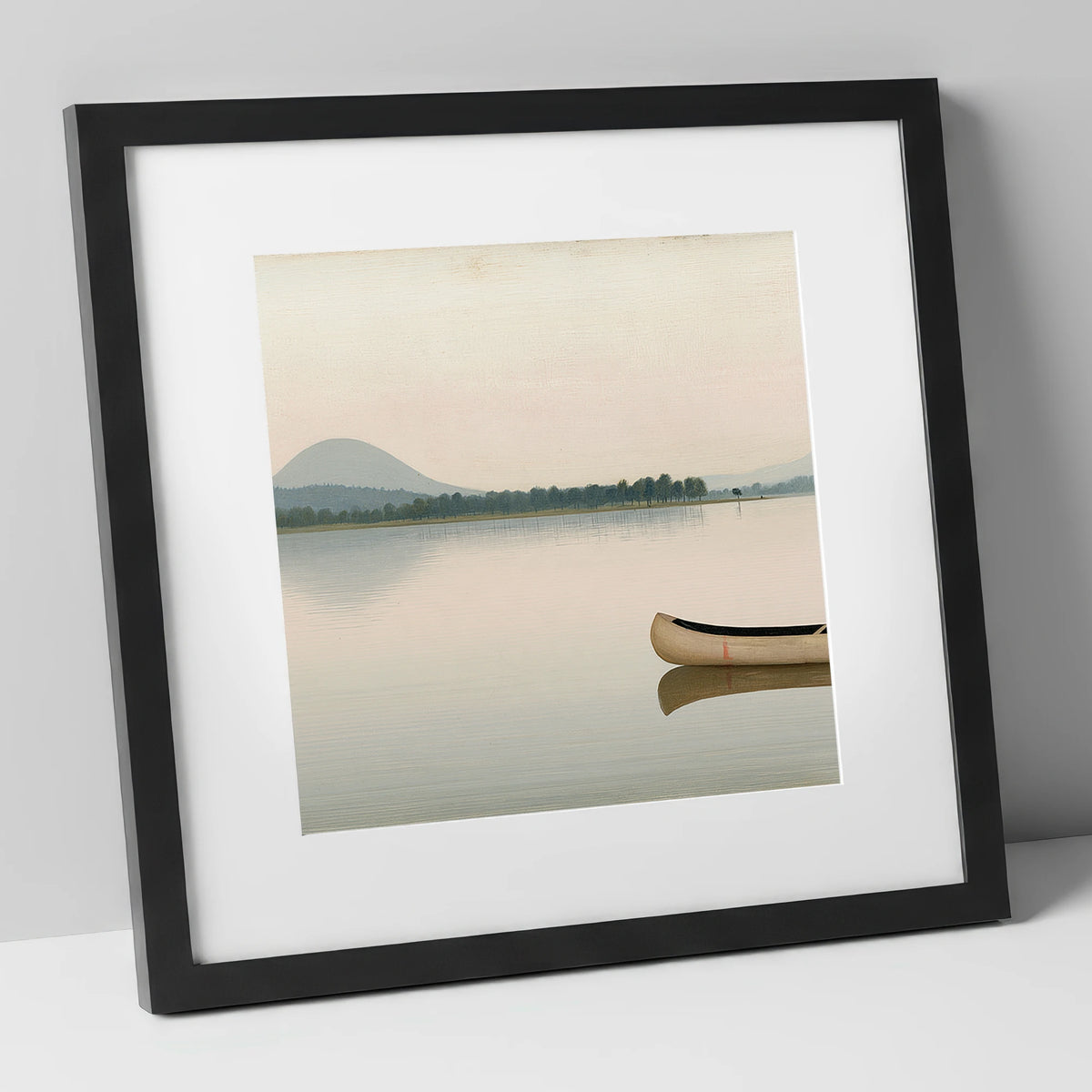 Wooden Canoe on Pale Windermere lake district lake art print in black frame