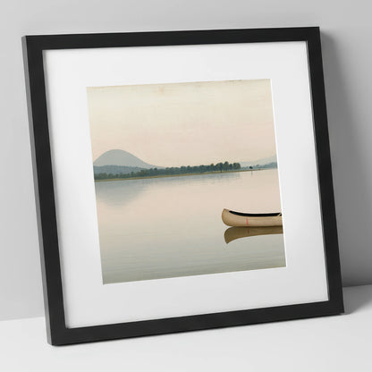 Wooden Canoe on Pale Windermere lake district lake art print in black frame