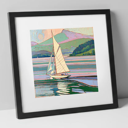 Sailboat on a Pastel Lake lake district walking art print in black frame