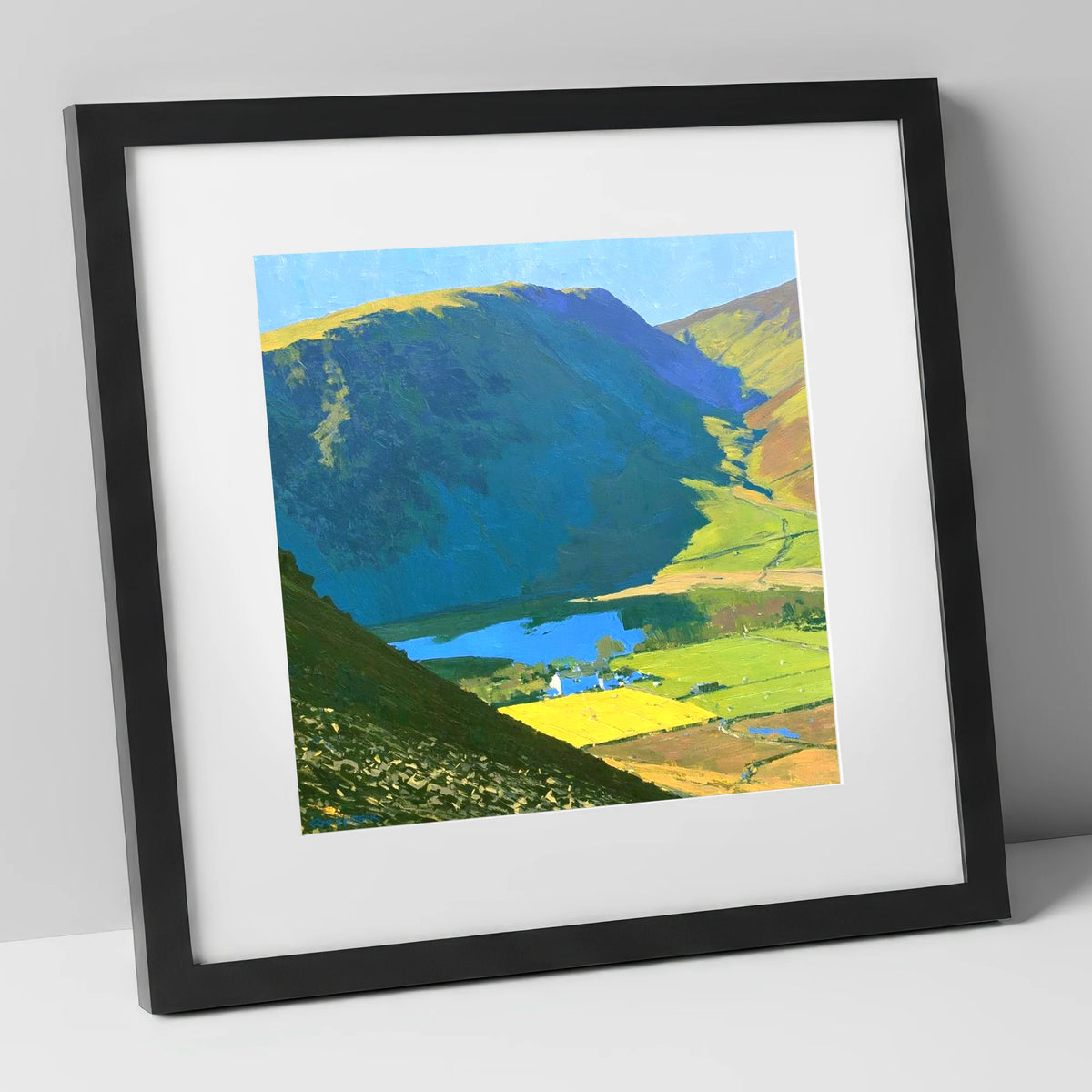 High Seat Over Vibrant Fields lake district fell art print in black frame