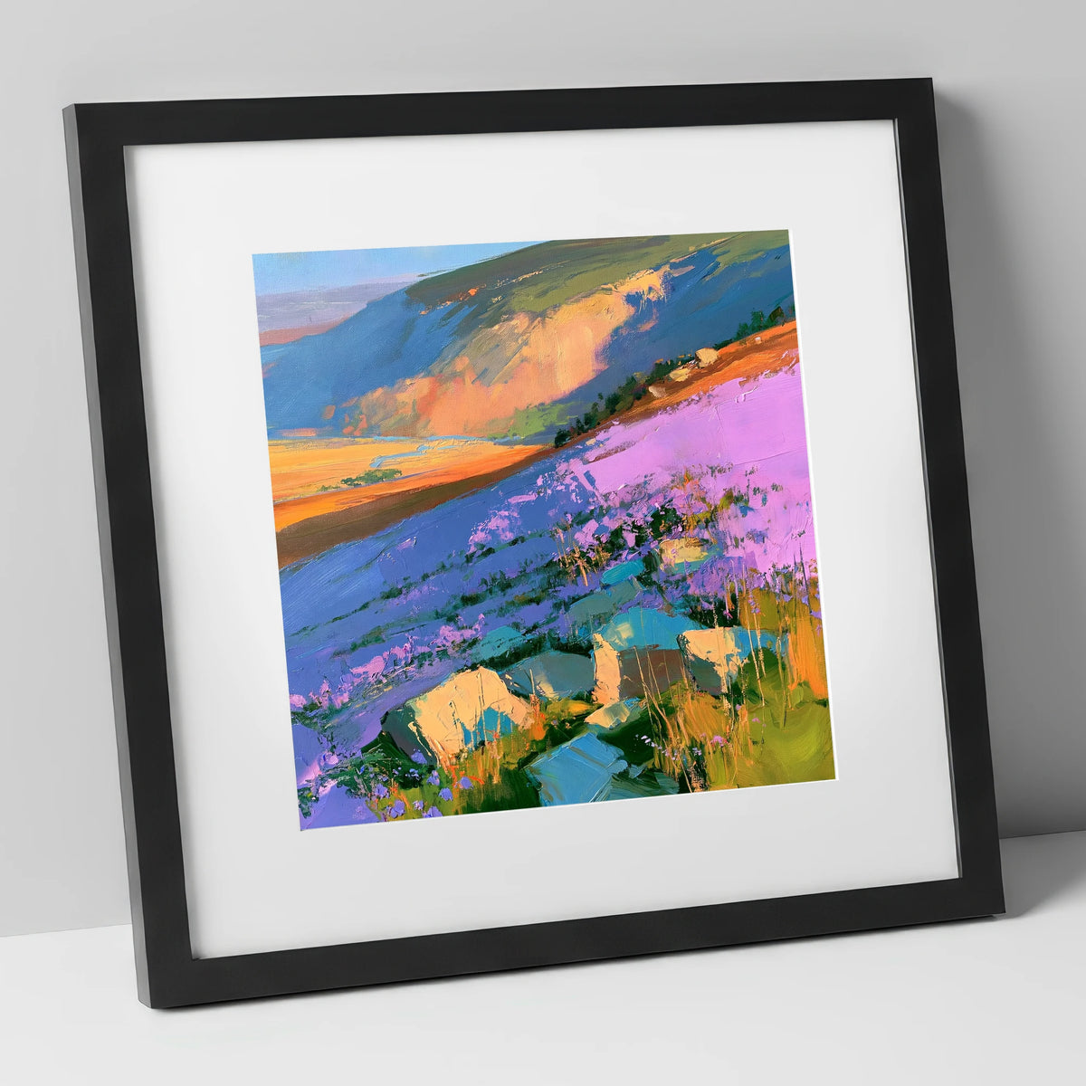 Vibrant Purple Heather Fellside flowers & fellsides art print in black frame