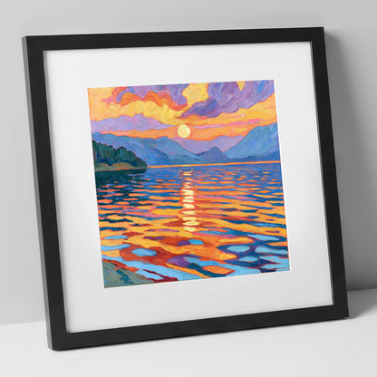 Vibrant Sunset Over Lake Water lake district lake art print in black frame