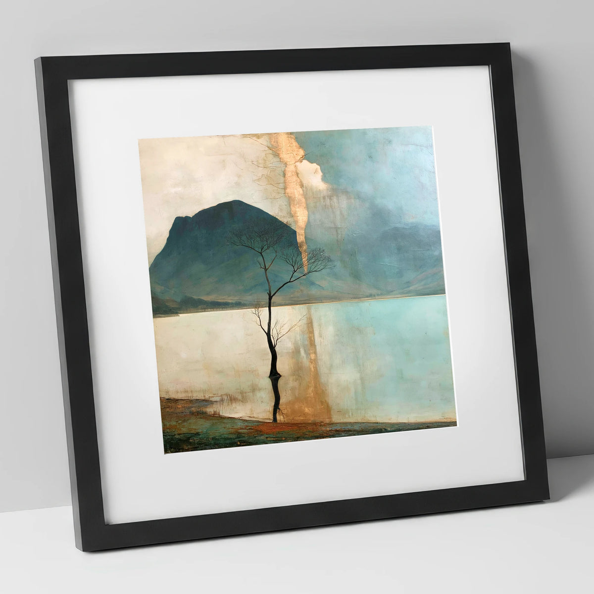 Buttermere Tree in Golden Light lake district lake art print in black frame