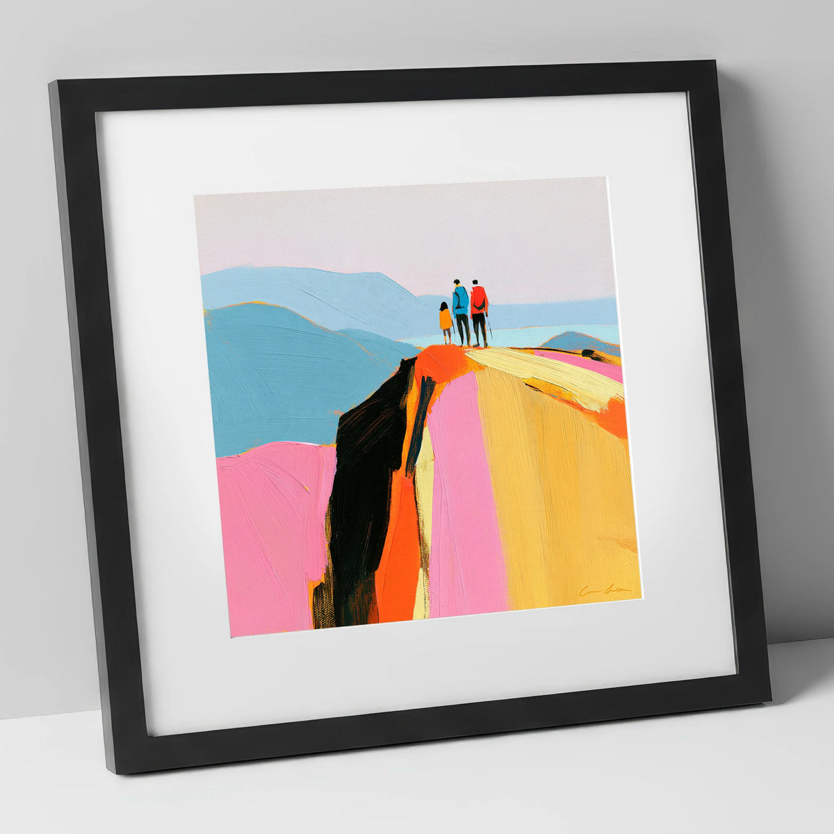 Colourful Fell Top Walkers lake district fell art print in black frame