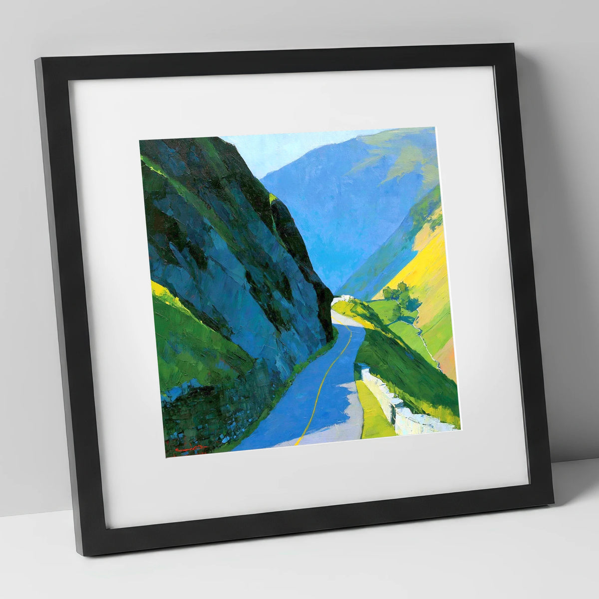 Vibrant Sunlit Mountain Pass lake district valley art print in black frame
