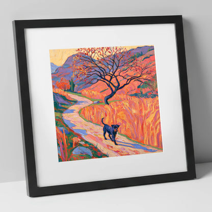 Colourful Patterdale Dog Walk gifts for dog walkers art print in black frame