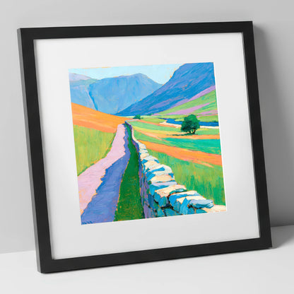 Drystone Wall Through Vivid Valley lake district valley art print in black frame
