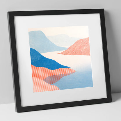 Coniston Water Fells in Coral lake district lake art print in black frame