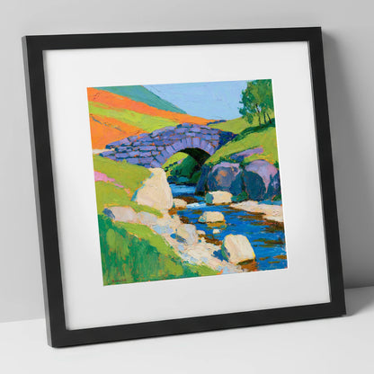 Vibrant Stone Bridge Over Beck lake district waterfall art print in black frame