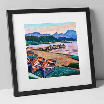 Colourful Windermere Rowing Boats lake district lake art print in black frame