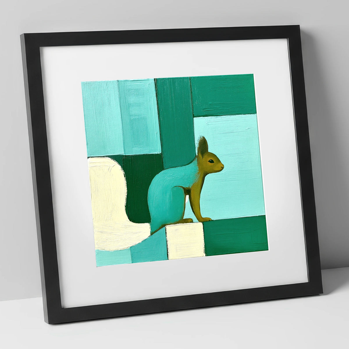 Abstract Teal Red Squirrel lake district wildlife art print in black frame