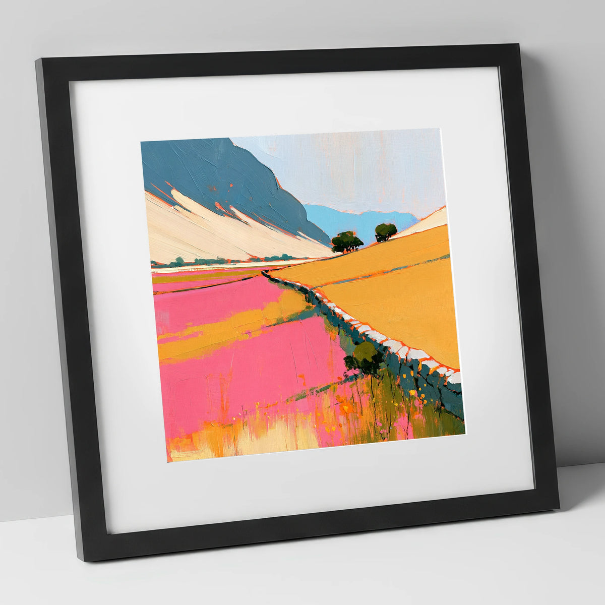 Bold Pink Valley Drystone Wall lake district valley art print in black frame