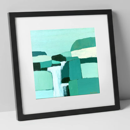 Abstract Teal Waterfall Over Rocks lake district waterfall art print in black frame