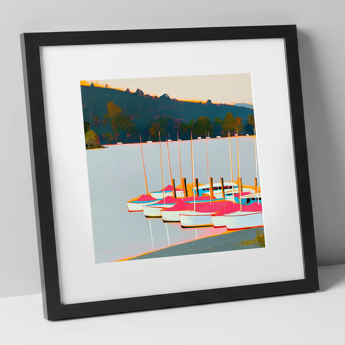 Vibrant Pink Boats on Windermere lake district lake art print in black frame