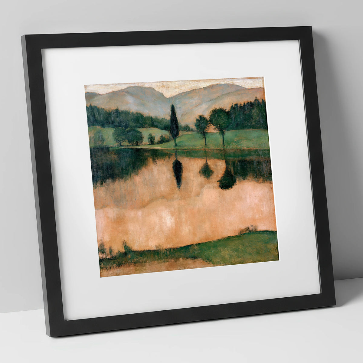 Warm Reflections on a Calm Lake lake district lake art print in black frame