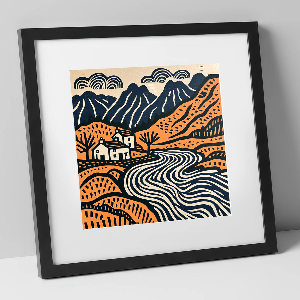 Grasmere Valley in Terracotta and Navy lake district lake art print in black frame