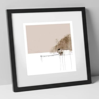 Pooley Bridge Boathouse in Taupe lake district village art print in black frame