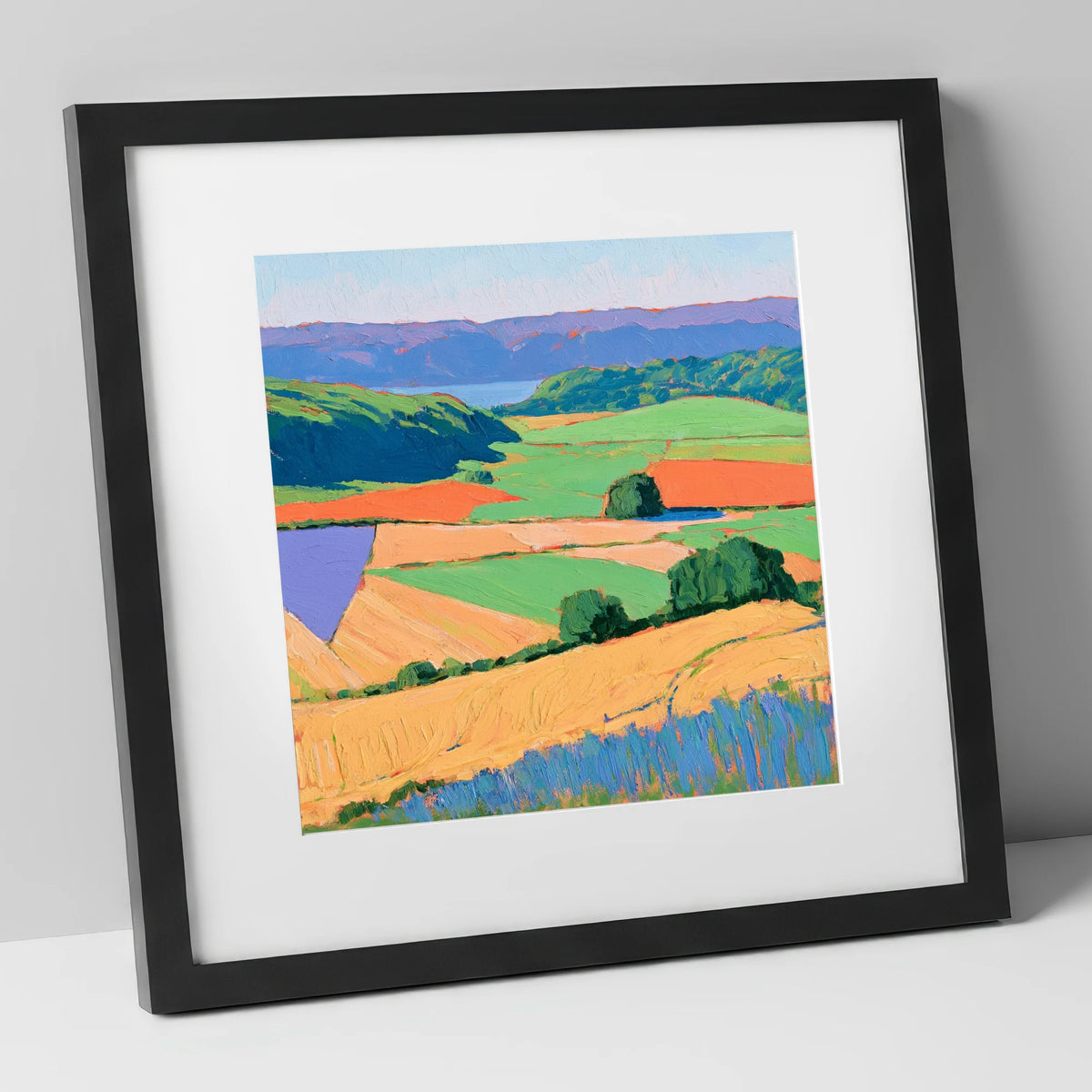 Luminous Patchwork Dale Fields lake district valley art print in black frame