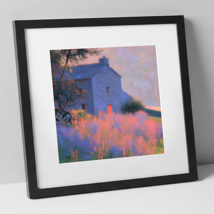 Stone Cottage in Pink Twilight lake district village art print in black frame