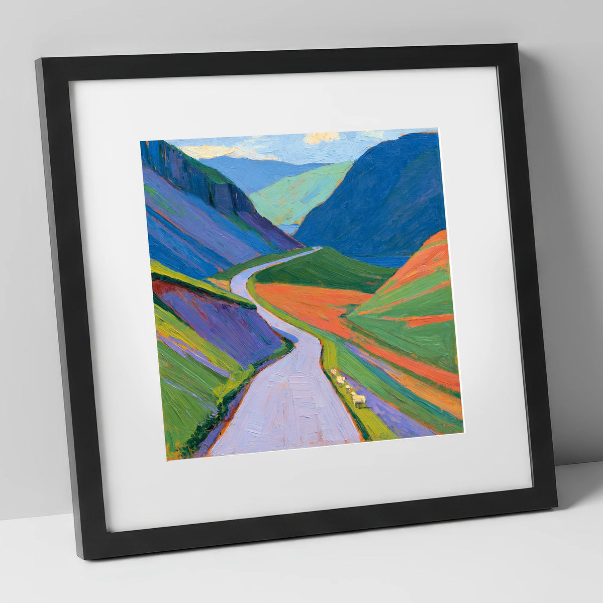 Winding Pass and Cobalt Fells lake district valley art print in black frame