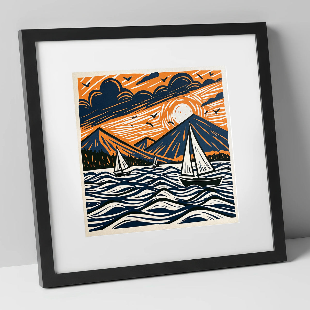 Sunset Sailboats on Derwentwater lake district lake art print in black frame