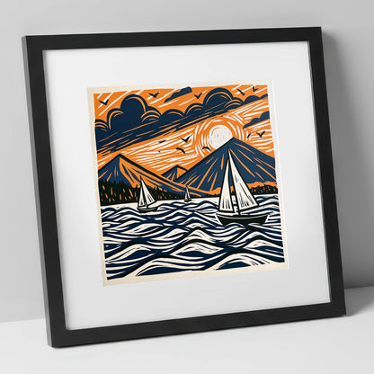 Sunset Sailboats on Derwentwater lake district lake art print in black frame