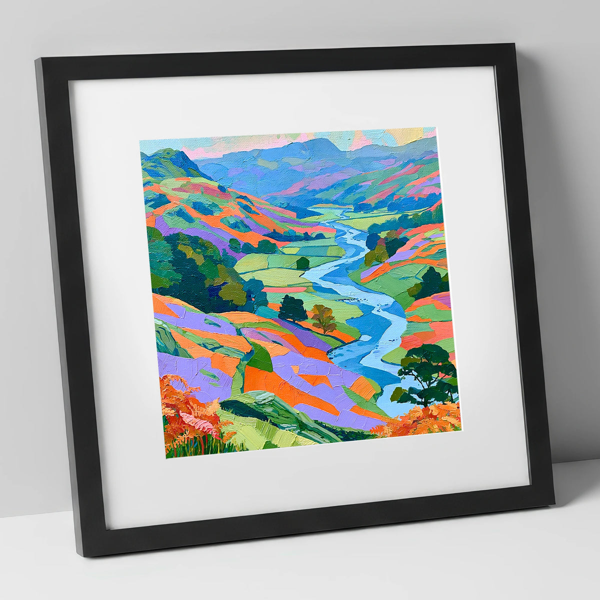 Vibrant Lake District River Valley lake district waterfall art print in black frame